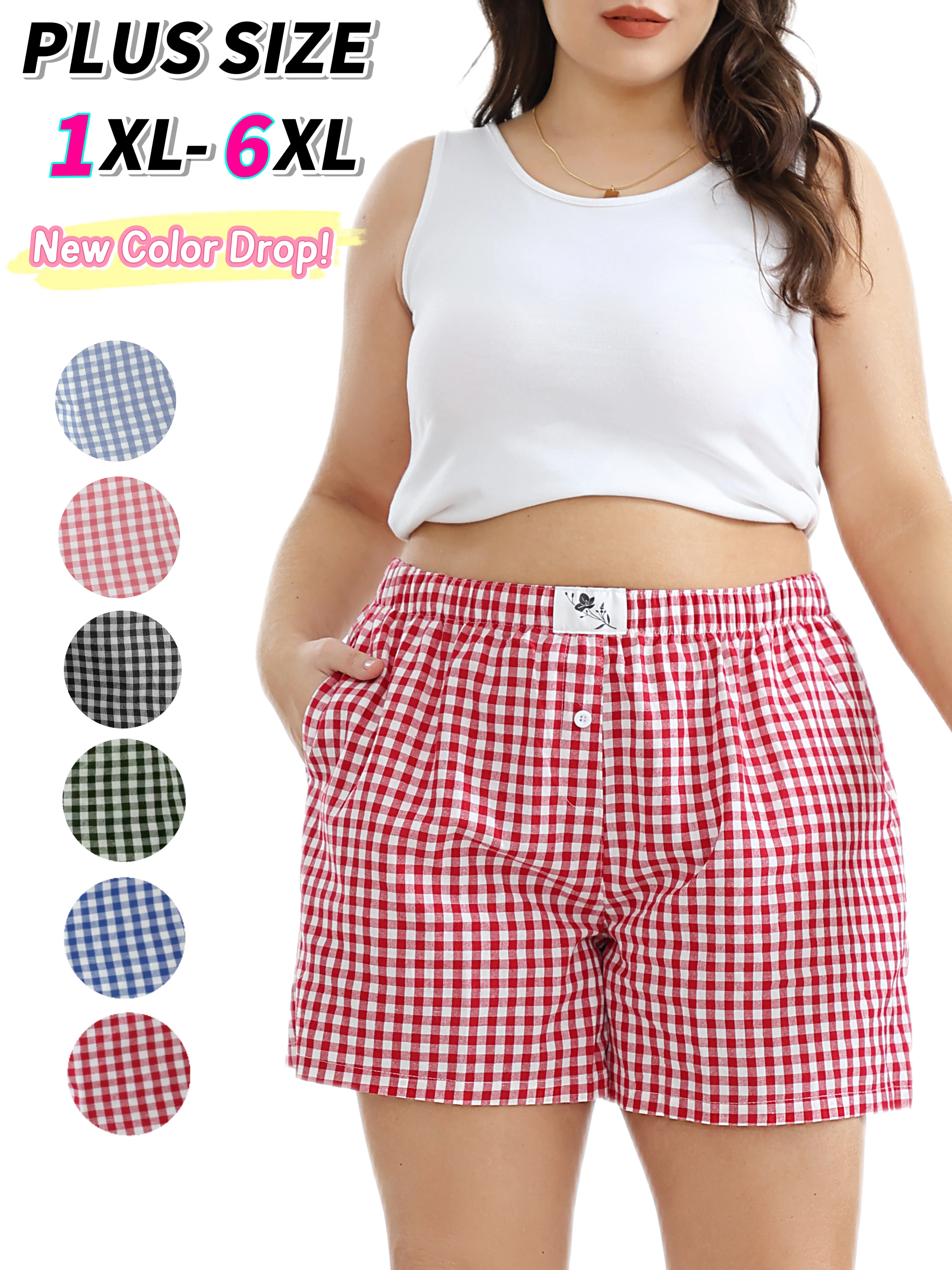 COOTRY【Plus Size】Women's Plaid Print Patched Elastic Waist Shorts, Gingham Boxer Shorts, Checkerboard Print Shorts,Casual Comfy Straight Leg Shorts for Summer,Ladies Bottoms for Daily Wear| Plus Size Fashion|Hide Belly Shorts|Flattering Fit