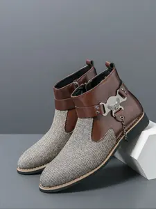 Men's High-Top Fabric Patchwork Boots, Fashion Casual Textile Ankle Booties, Comfortable Stylish Footwear for Daily Wear