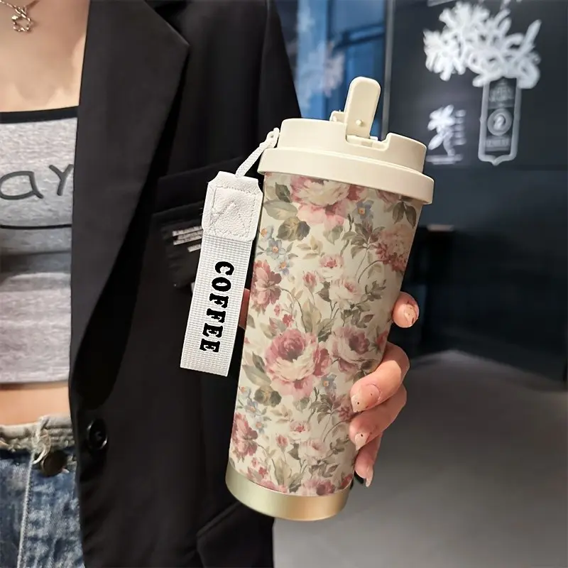 Elegant Floral Coffee Cup, 530ML Insulated Travel Mug with Straw and Lid, Leak-Proof Handle, Suitable for Hot/cold Drinks, Perfect Gift, Drinkware Flasks