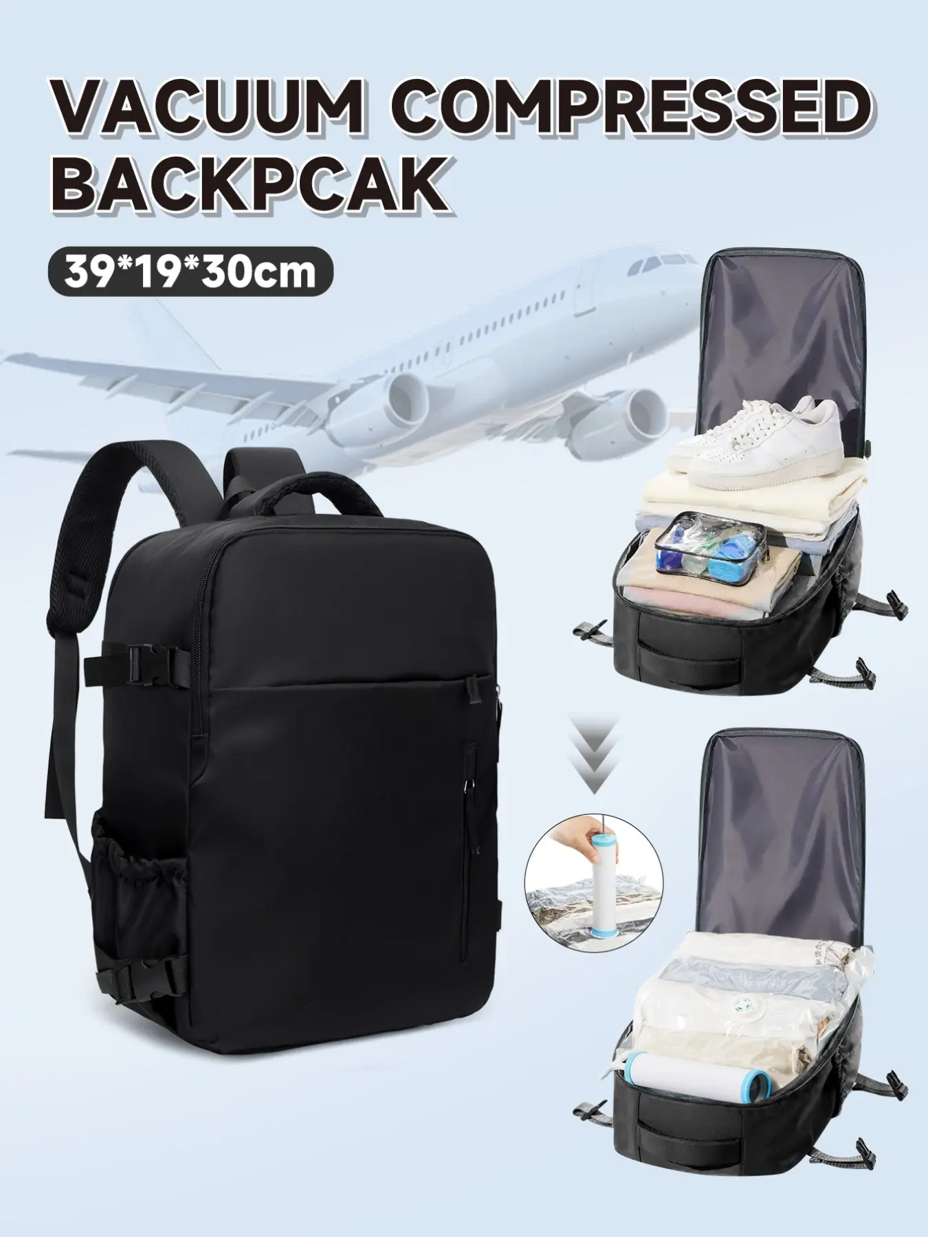 Wiz Air Cabin Bag 40*30*20Cm, Multifunctional Travel Bag, Lightweight Travel  Bag, Zipper Travel Bag, Vacuum Compression Travel Backpack with Vacuum Pump  Combo Set, Carry-On Hand Luggage, Under-Seat Cabin Bag - TikTok Shop