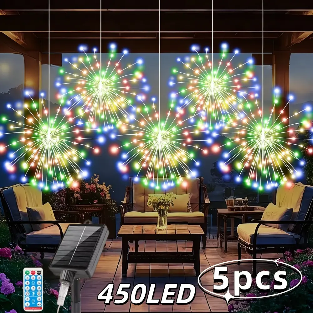 8 Modes Solar Powered Firework Lights, Hanging Smart Light Strips, 450 LED Starburst Ball String Lights, Fairy Lights for Porch, Patio, Garden, Indoor & Outdoor, Wedding, Christmas, Outdoor Decorations, Garden Illumination