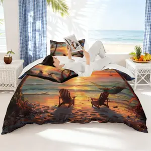 Tropical SunSet,Palm Tree Duvet Cover (NO Comforter),Ocean SunSet,Coastal Beach Breathable Comforter Cover,Watercolor Seaside Landscape Comforter Cover