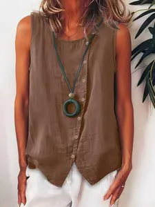 Summer Women's Casual Sleeveless Fashion Tank Top Womenswear, Asymmetric Button Front Round Neck Linen Shirt, Perfect for Outdoor Leisure Wear 8008