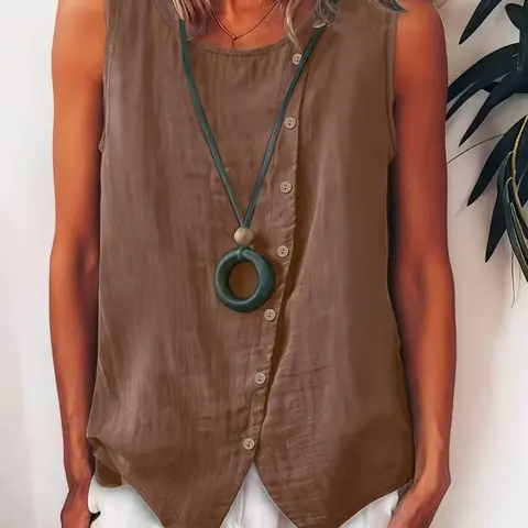 Summer Women's Casual Sleeveless Fashion Tank Top, Asymmetrical Top, Asymmetric Button Front Round Neck Shirt, Perfect for Outdoor Leisure Wear, Womenswear