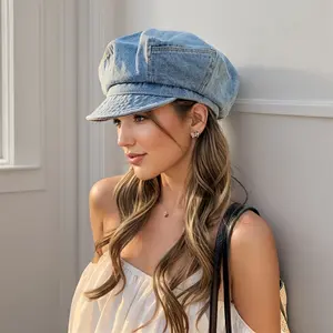 Fashionable and versatile solid color women's denim newsboy hat, elegant painter hat, women's denim beret, women's octagonal hat, suitable for all seasons, ideal gift