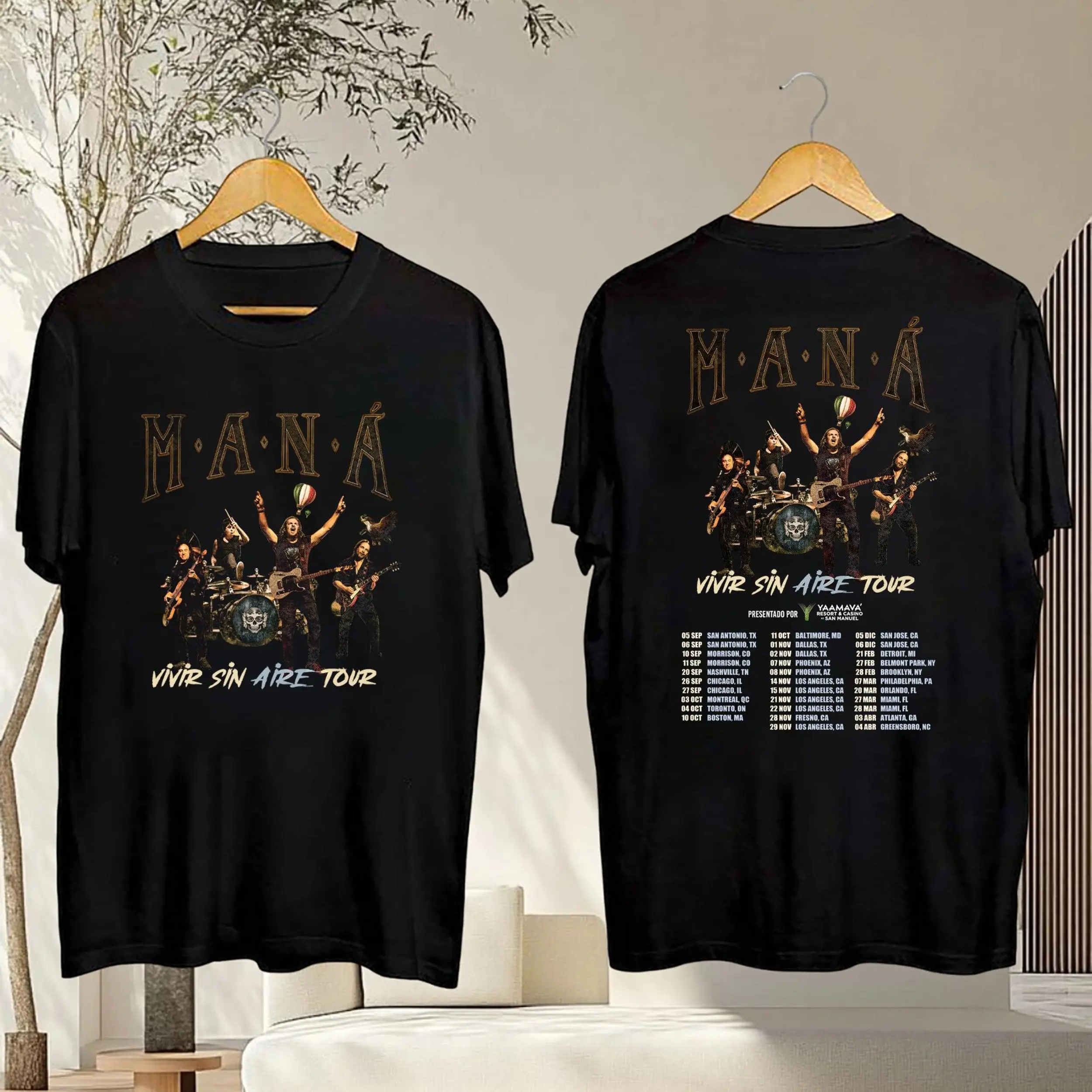 Mana Band Tour 2025 Graphic Tee, Mana Vivir Sin Aire Tour 2025 Latin Rock 2-Sided Unisex T-Shirt, Perfect for Music Fans