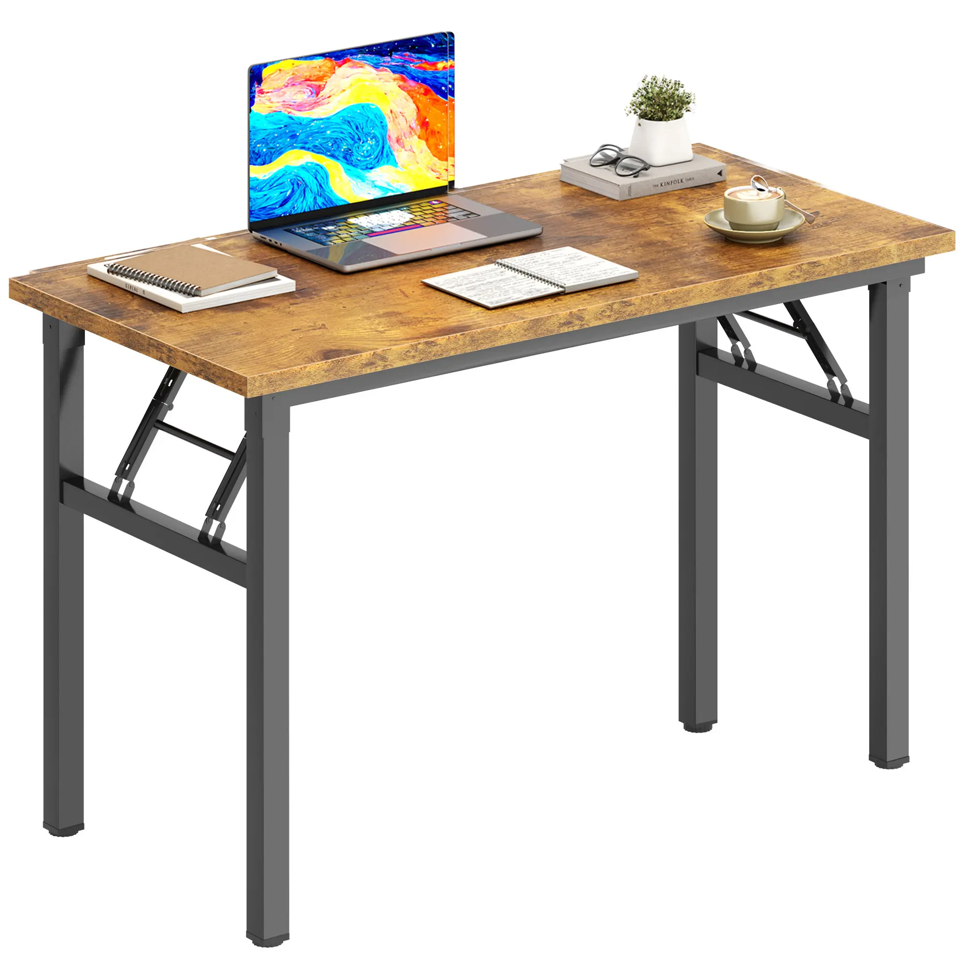 Foldable Desk with Adjustable Height, Rustic Table Top, Metal Legs, Ideal for Home Office or Study Room