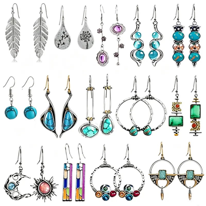 Vintage Boho Synthetic Turquoise Dangle Earrings 12 Pairs, Mixed Leaf Hoop Floral Geometric Moon Sun Multicolor Stone Dangle Hook Earrings, Western Ethnic Jewelry Accessory for Women Girls Holiday Gift