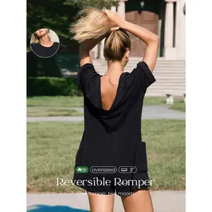 GLOWMODE 3" Washed Pima Cotton Free Fall Stretchy Lightweight Reversible Removable Drawstring Waist Pockets Romper Bodysuit Daily Casual Wear