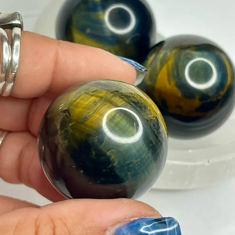 Shiny Tigers Eye Crystal sphere - Rare Stone Carvings for Prosperity, Protection, Taking Action, Intuitive Support, Self-Confidence