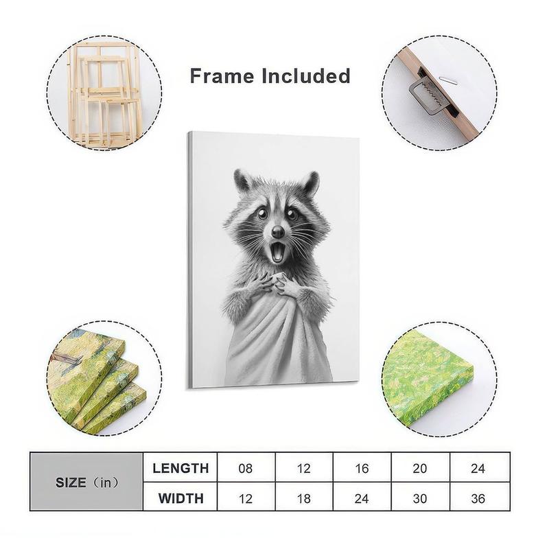 Framed Wall Art with Raccoon in Towel, 12x16in Funny Animal Bathroom Canvas Print, Black and White Raccoon Poster, Cute Raccoon Picture Wall Decor for Bathroom, Kids' Room, Bedroom, Nursery, Home