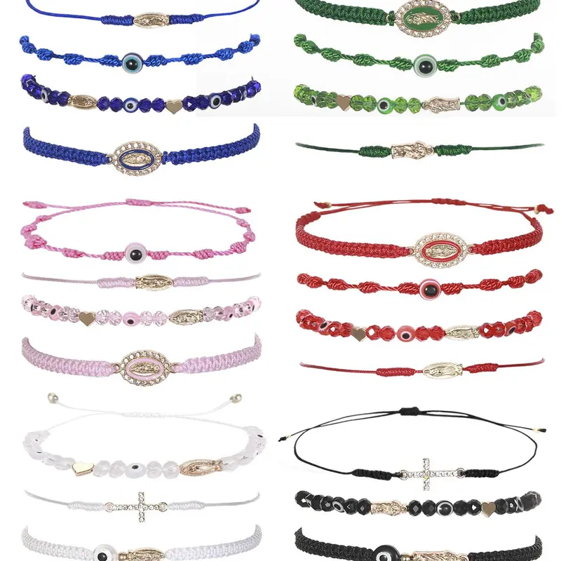 Mother's Day Gift Women's Colorful Artificial Crystal & Rhinestone Decorated Braid Design Link Matching Bracelets, Pretty Bracelet, Heart Shape Beads Bracelets, Beaded Bracelet Set, Adjustable Stack Bracelets