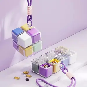 Magnetic Cube Travel Pill Organizer 8 Compartments(7-Day)+ Wristband Cute Vitamin Case for DailyMeds Healthcare Portable Supplement Organizer