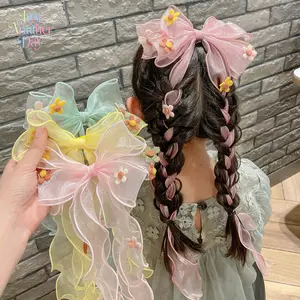 6-Pack Kids' Hanfu Style Bow Hair Clips, Sheer Organza Bow Barrettes with Long Ribbon Tails & Flower Accents, Princess Hair Accessories for Little Girls