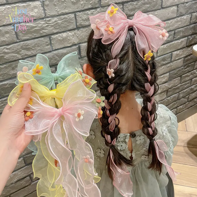 6-Pack Kids' Hanfu Style Bow Hair Clips, Sheer Organza Bow Barrettes with Long Ribbon Tails & Flower Accents, Princess Hair Accessories for Little Girls