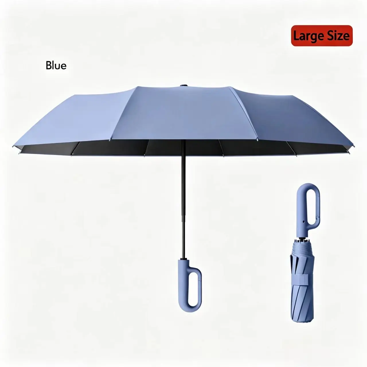 Sky-Blue Compact Umbrella with Rotatable Hook Handle, 2-3 Person Oversized Canopy, Wind-Resistant UV Black Coated Sun Rain Umbrella for Outdoor Travel