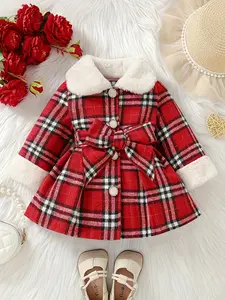 [Single Gift Belt] Female baby's red plaid woolen coat, adjustable bow belt, red black and white plaid wrapped in milky white fur collar+cuff coat, Valentine's Day gift, female baby's birthday gift, female baby's clothing, Baby Girl Clothes