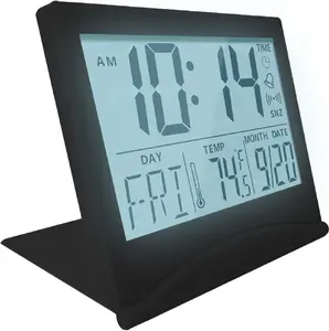 Digital Clock LCD Travel Alarm Foldable with Backlight – Digital Clock with Day, Date and Temperature Indication – Digital Alarm Clock for Table – Desk Clock Battery Operated – Black Decor Set