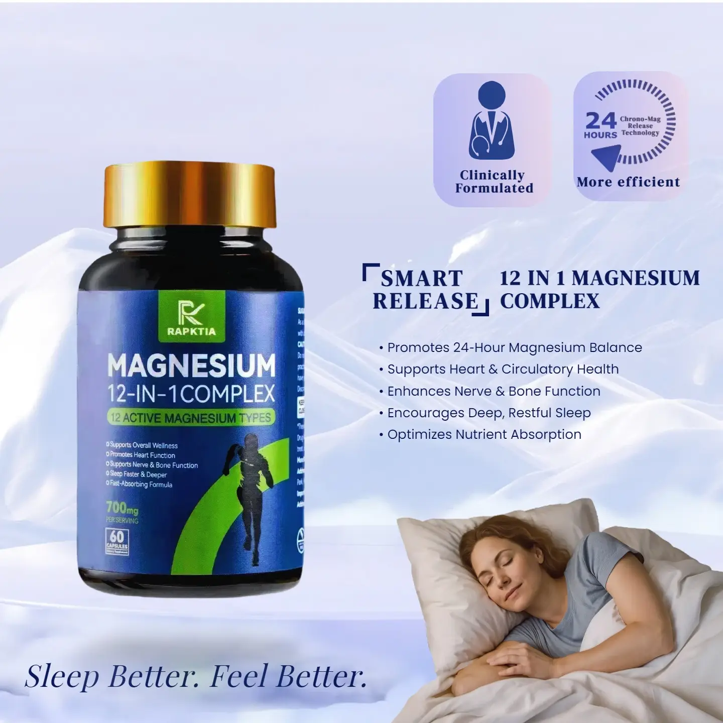 12 Essential Magnesium Complex 700mg, Support Better Sleep & Stress Relief, Heart & Bone Support, High Absorption Formula, Chrono‑Mag Technology for b