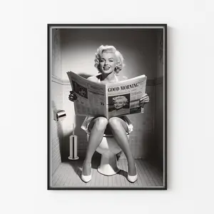 Vintage woman resembling Marilyn Monroe on Toilet Reading Newspaper in Retro Bathroom Poster No Frame