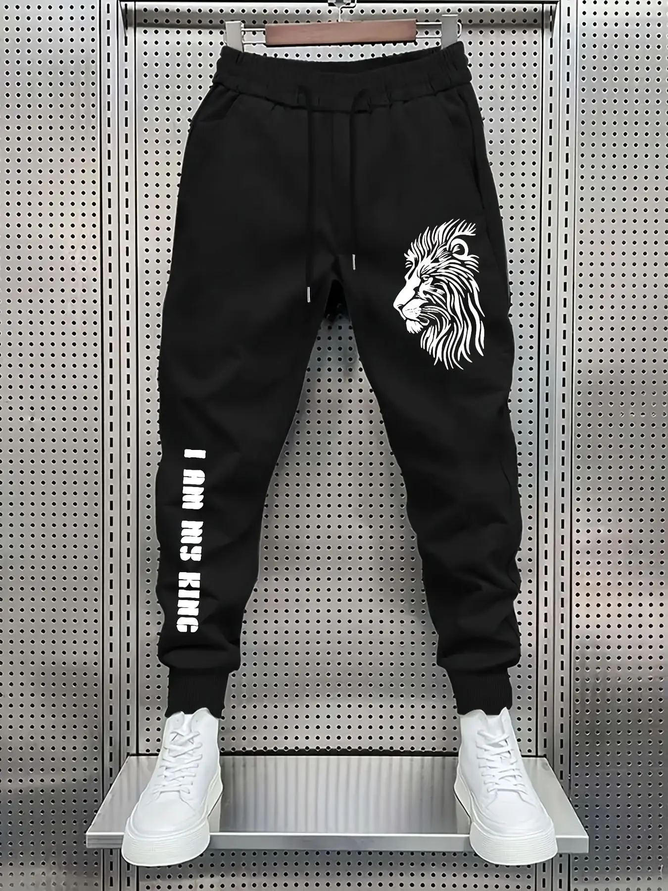 Men's Lion Print "I Am My King" Joggers Casual Streetwear Motivational Graphic Sweatpants Baggy Jogging Pants