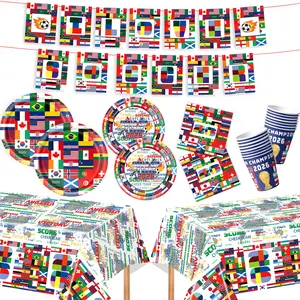 Multi-national flag theme party tableware paper plate paper cup paper towel banner flag pulling supplies