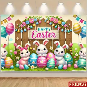 2D Flat Banner, 1pc Easter Themed Scene with Rabbits and Colorful Eggs Polyester Background Cloth for Family Party, Wedding, Birthday, Christmas, Entryway, Room Decorations, Party Decoration Supplies