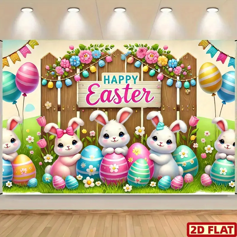 2D Flat Banner, 1pc Easter Themed Scene with Rabbits and Colorful Eggs Polyester Background Cloth for Family Party, Wedding, Birthday, Christmas, Entryway, Room Decorations, Party Decoration Supplies