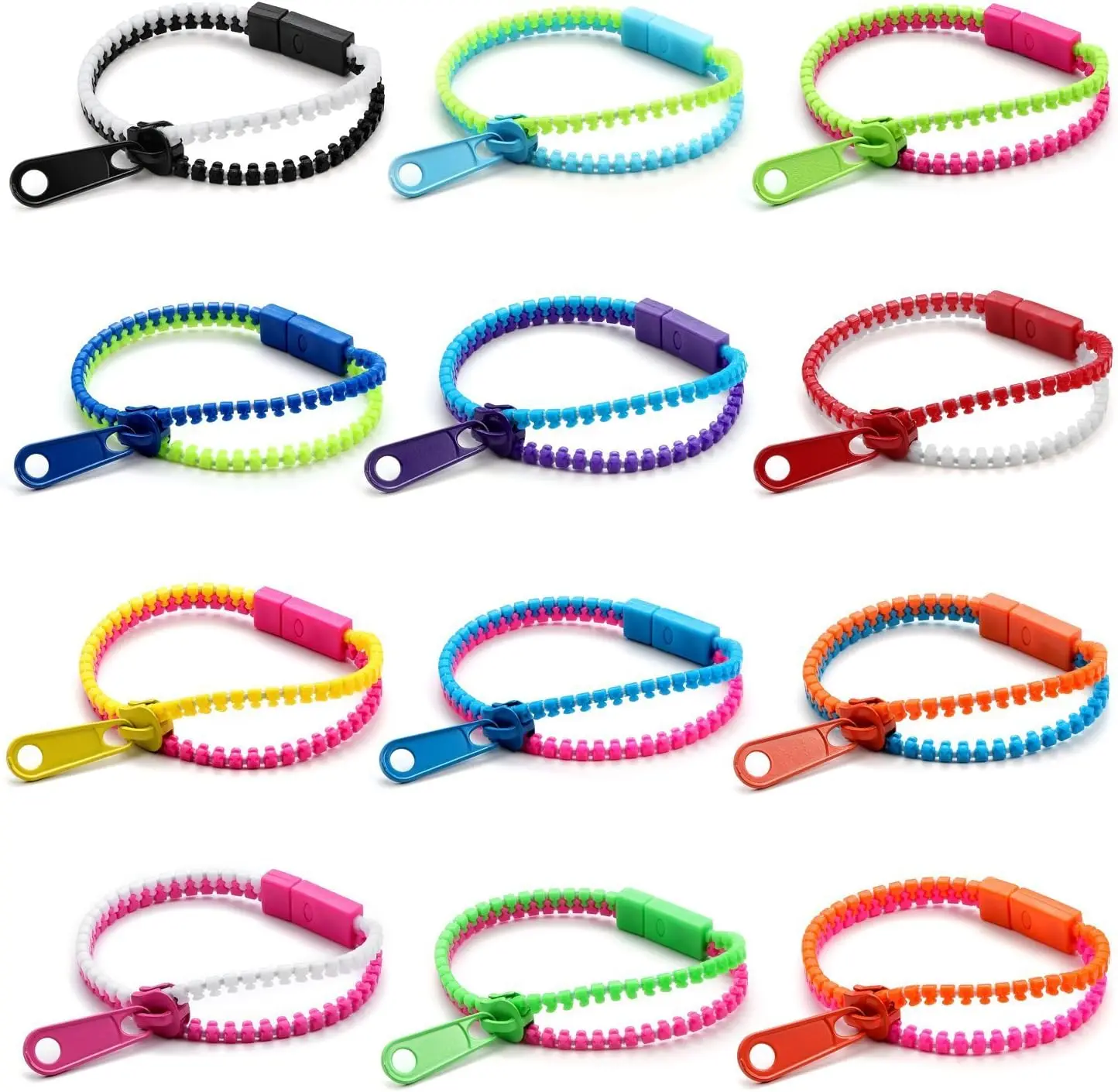 12 Pcs Friendship Zipper Bracelets Assorted Mixed Color
