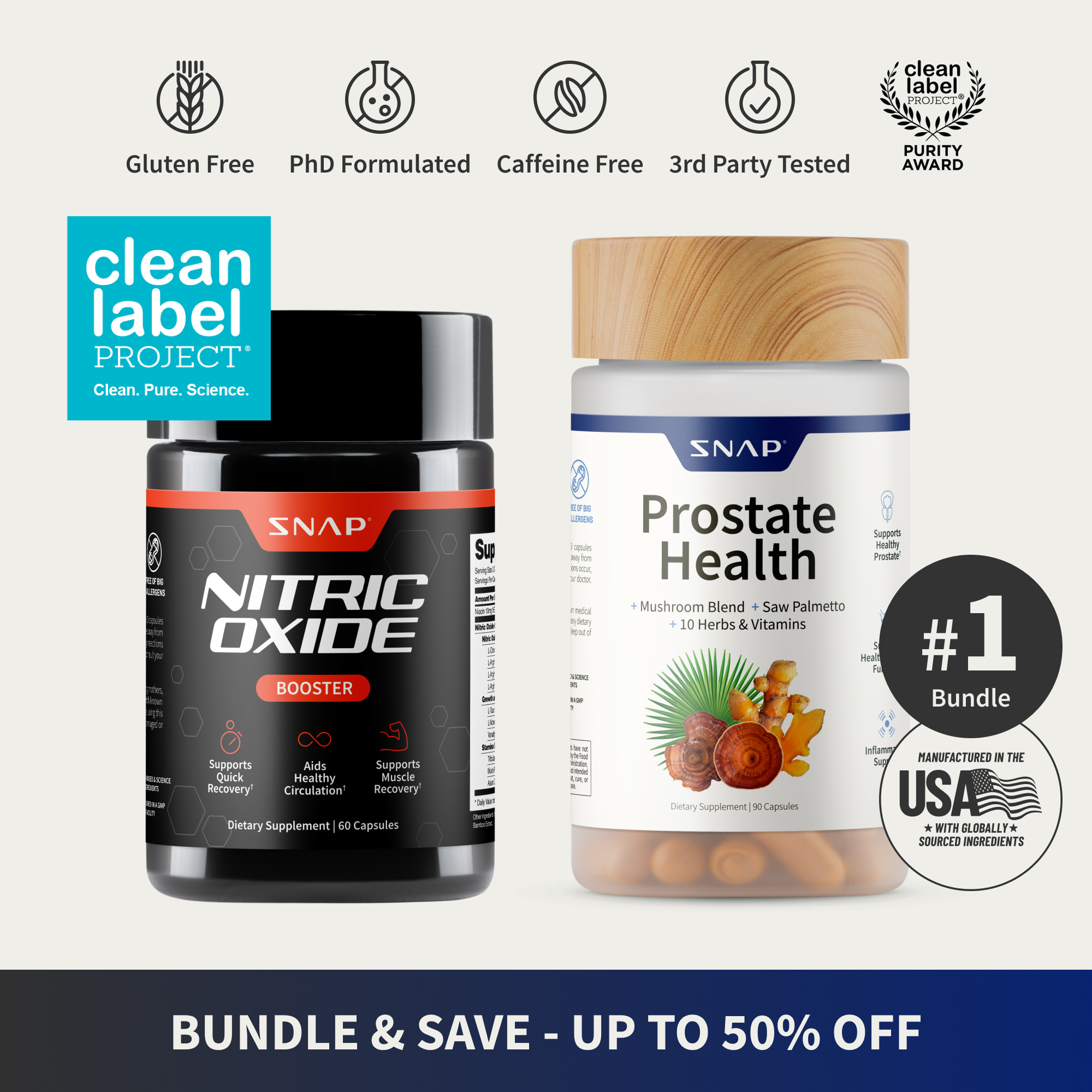 Ultimate Men's Health Bundle - Snap Supplements - Nitric Oxide Booster 60ct + Prostate Health Bundle - Natural Supplement Capsules - Support Blood Cir