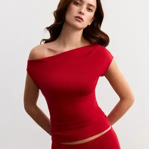 Dazzwear The Eos Collection Women's Merino Wool Blend Off-shoulder Short Sleeve Top Summer Tech Tencel Ultra Comfy Seasonless Eco-Friendly Basic Minimalist Layering Top for Womenswear Streetwear