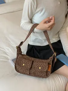 1pc Ladies' retro leopard print underarm bag, double pocket casual shoulder bag, adjustable same pattern shoulder strap Y2K style mini handbag, trendy daily storage bag, suitable for dating and street wear