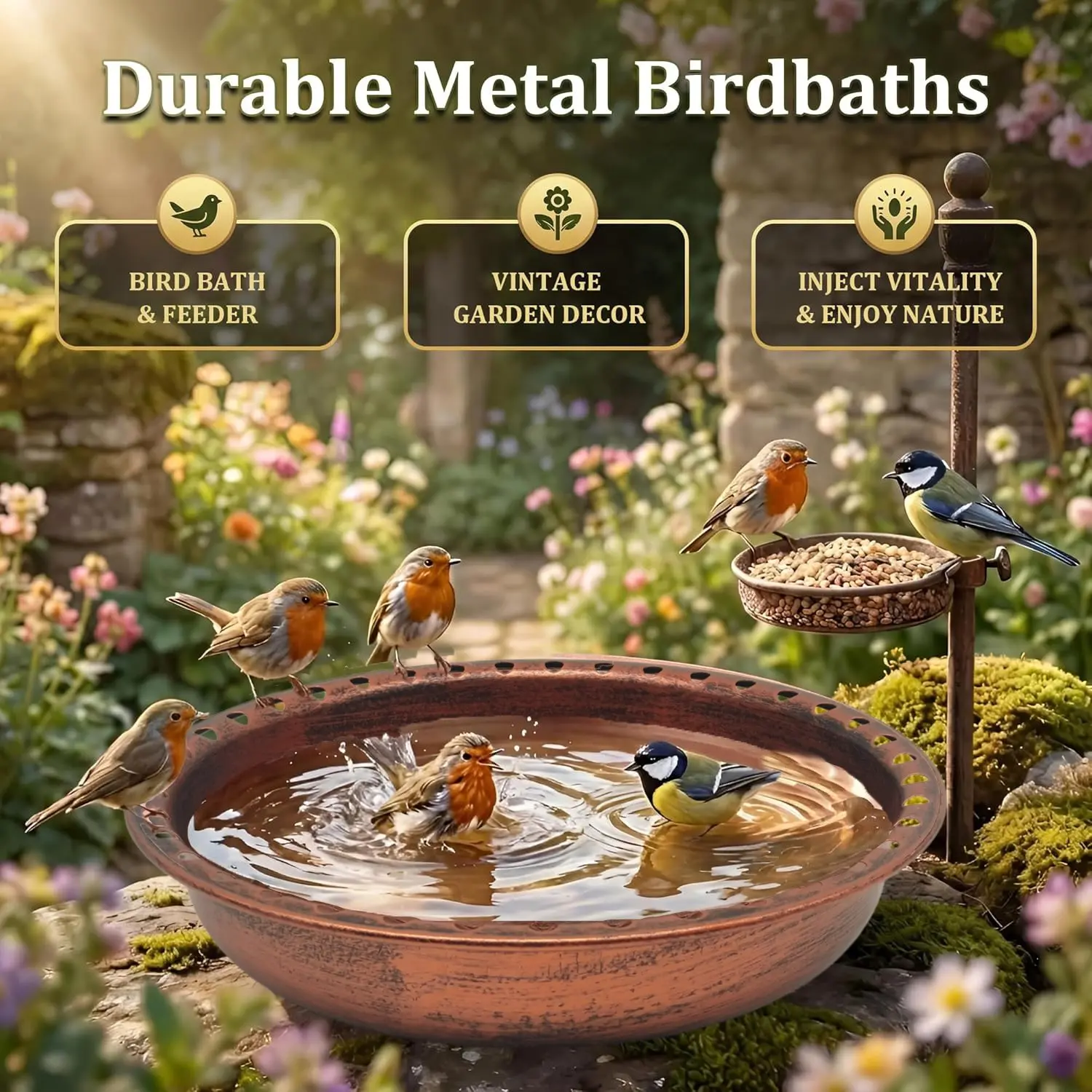 Round Feeder 1 Piece, Garden Outdoor Metal Waterer, Bird Bath, Pet Food Station, Reusable Bee Butterfly Hummingbird Waterer, Bird Feeders for Outdoors, Bird Feeding Tool