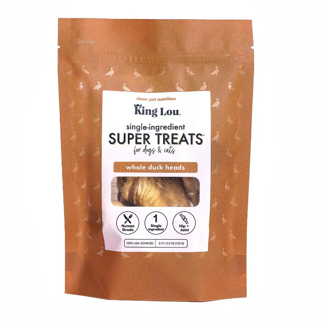 King Lou Whole Duck Heads Treats for Dogs and Cats, Single-Ingredient, 100% USA, Small-Batch, High Quality and Healthy Pet Treats and natural food, su