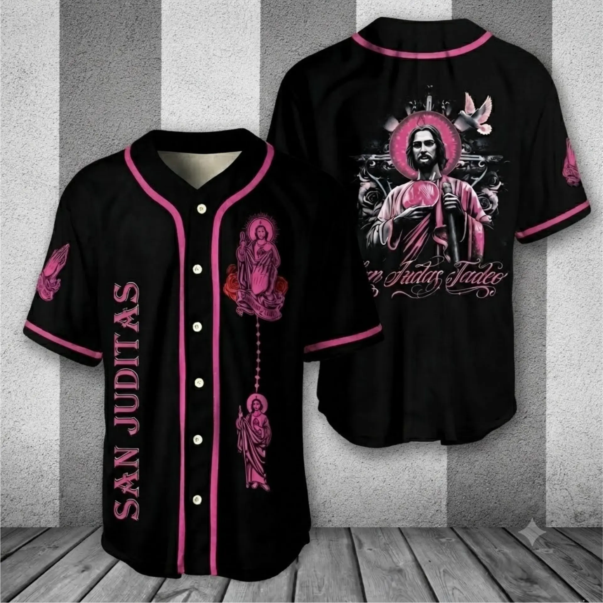 Camisas De San Judas Tadeo Pink Baseball Jersey, San Juditas Jersey, Saint Jude Thaddeus Shirt, Catholic Baseball Jersey, Mexican Catholic Apparel, Religious Button Up Jersey, Christian Gift for Men Women, Faith Inspired Clothing