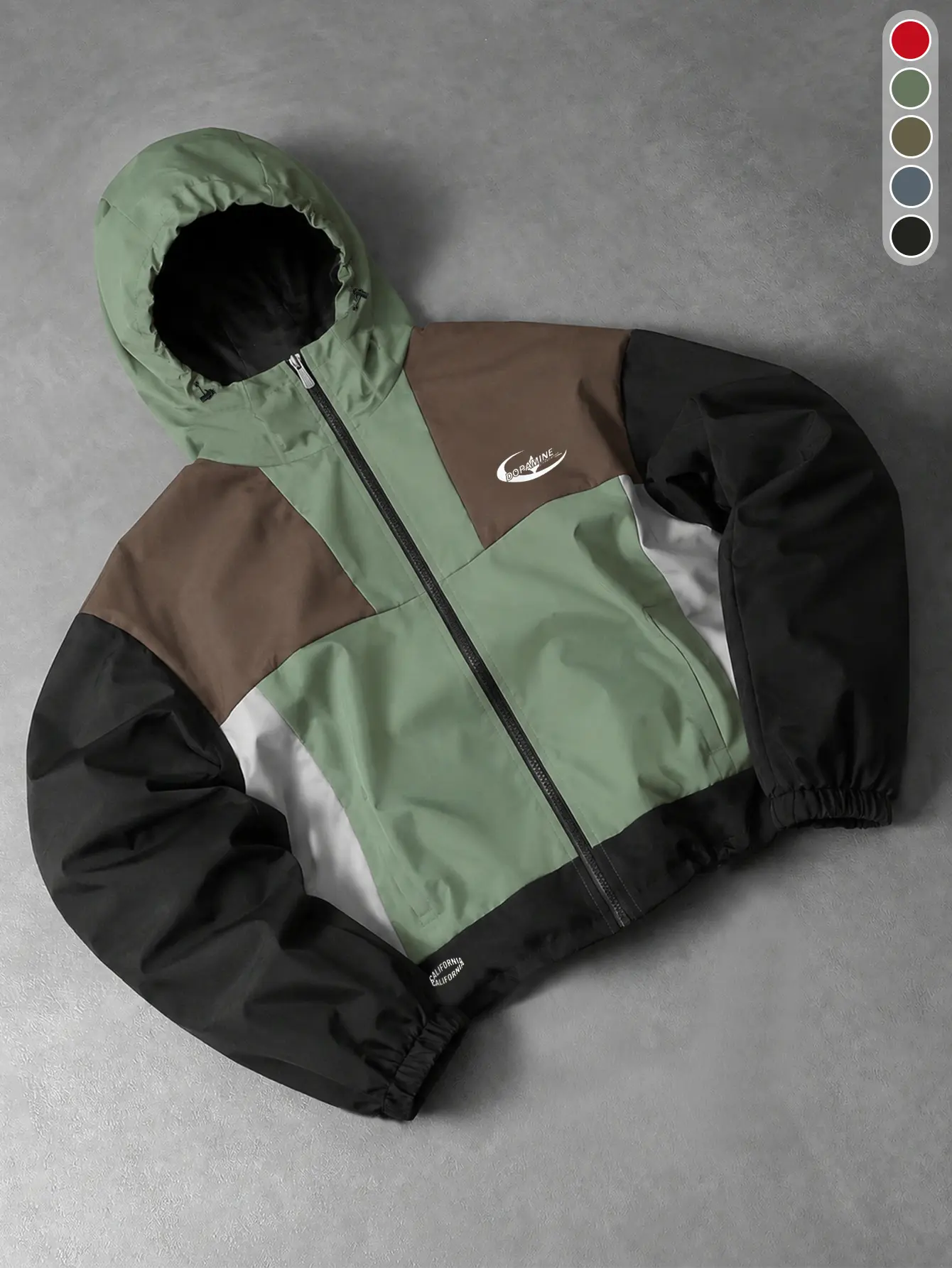 Men’s hooded outdoor jacket, color-block zip-up outerwear suitable for hiking, camping, travel, and everyday wear; street-style casual zip-up jacket.