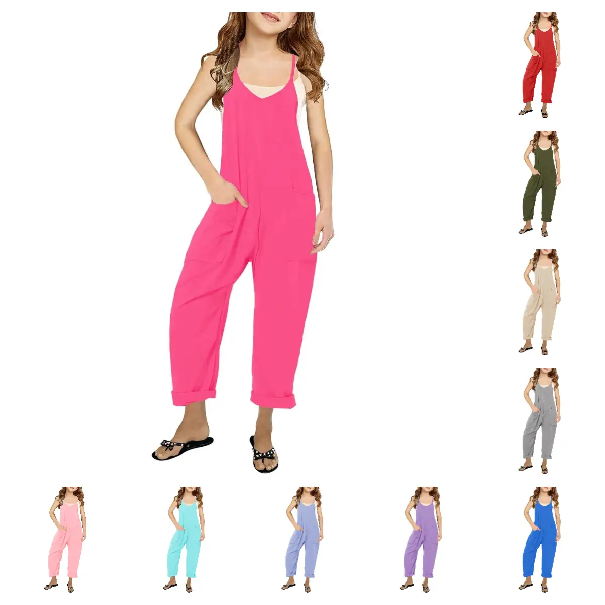 【5-14 Years】Haloumoning Girls' Casual Sleeveless Jumpsuits Spaghetti Strap Loose Romper Long Pants with Pockets