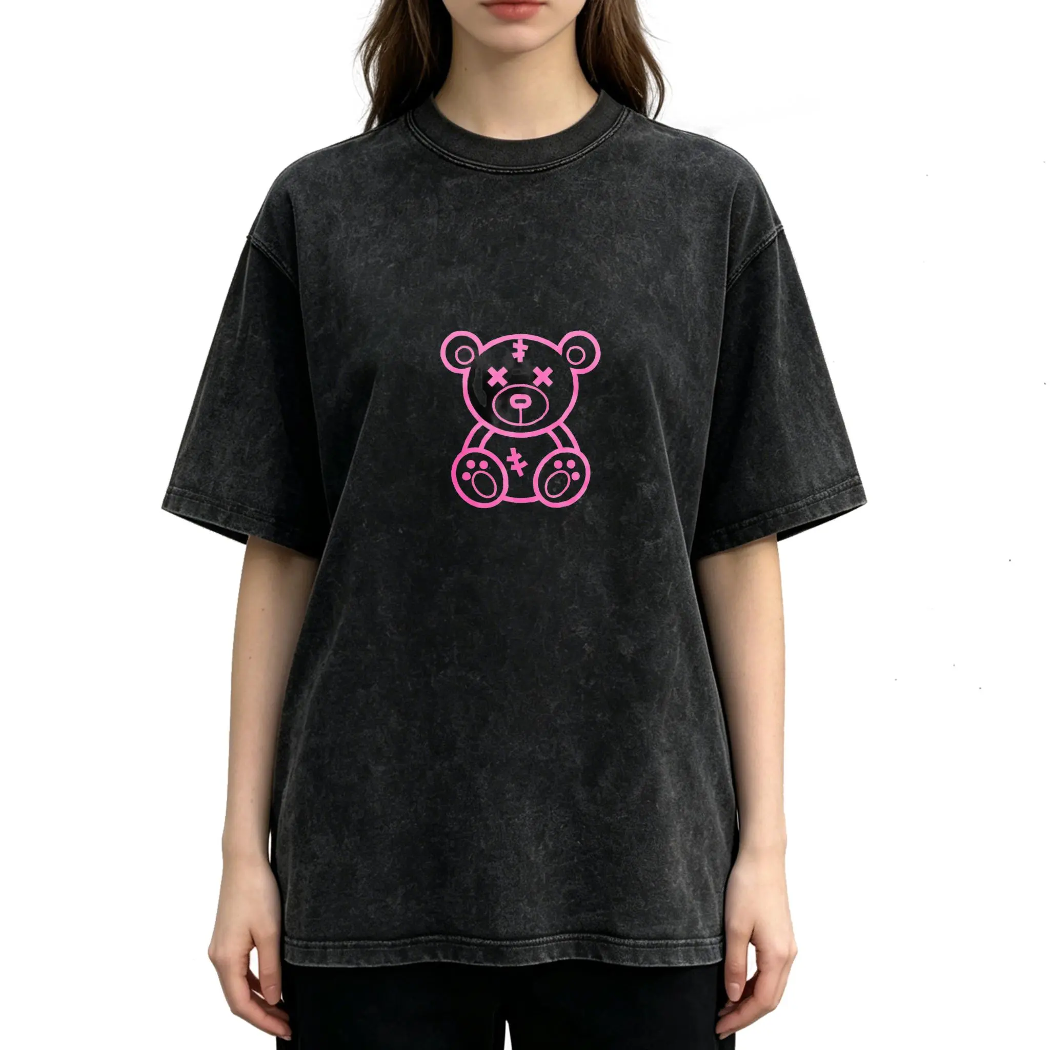 Cute Pink Bear Graphic, Women's T-Shirt Pure Cotton Made In USA, Kawaii Teddy Bear Design, Summer Casual Wear, Gift For Girlfriend