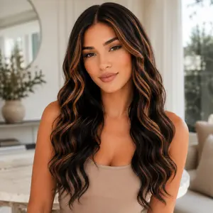 #1B/27 Ombre Highlight Body Wave 5x5 HD Lace Closure Wig, Synthetic Human Hair Blend Wig for Women, 220% Density Pre Cut Pre Plucked with Baby Hair, Glueless Wear And Go Wig middle part synthetic heat curly bang