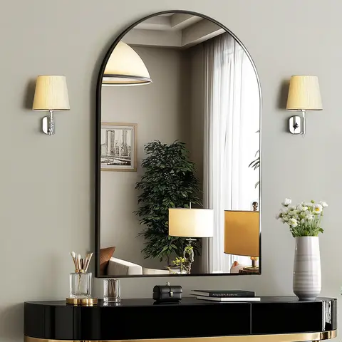 Sweetcrispy Arched Gold Aluminum Frame Mirror - Shatterproof, Durable, Moisture-Resistant Wall-Mounted Glass Bathroom Mirror, Sharp Reflection Vanity Fixture for Bedroom Decor