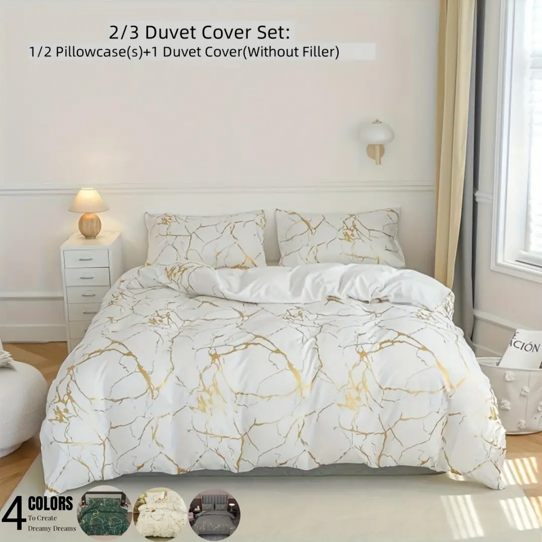 2/3pcs marble patterned duvet cover set, sparkling gold foil printed bedding set, soft ultra-fine bedding duvet cover (1 duvet cover+1/2 pillowcase, no filler)