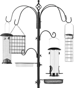 6 Hook Bird Feeding Station with 4 Feeders|Mesh Tray & Bird Bath|Durable Steel Multi|Feeder Stand for Attracting Wild Birds|5-Prong Base|