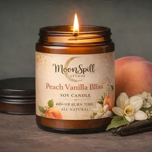 MoonSpill Studio Peach Vanilla Bliss Soy Candle 60+ HR Burn Time All Natural Aromatherapy Scented Wax