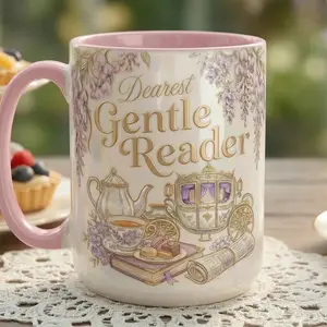 Dearest Gentle Reader Faux 3D Mug, Bookish Tea Lover, Romance Reader Gift, 2D Flat Mug, 11oz Tea Cup, Travel Coffee Mug, 15oz Large Ceramic Mug, Gift for Friends, Kitchen Drinkware