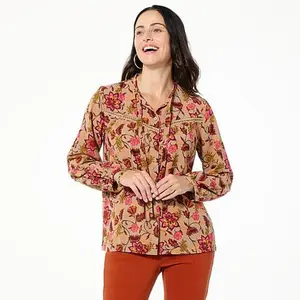 TWRHLL by Christie Brinkley Crochet Detail Neck-Tie Peasant Top