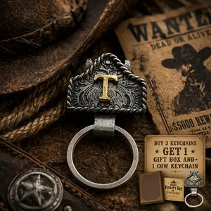 Handmade Cow Tag Belt Key Holder with Copper Initial – Custom Western Keychain for Men & Women, Texas-Inspired Cowboy Keychain, Fashion Accessory for Bags, Keys & Gifts