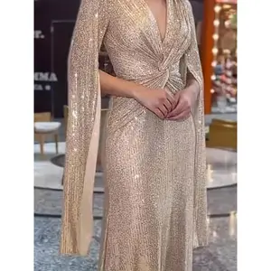 Women’s Elegant Sequined Mermaid Gown – V-neck, split hem, long sleeves, high-low hemline, stretchy polyester blend; perfect for parties and banquets; formal wedding guest dress fabric