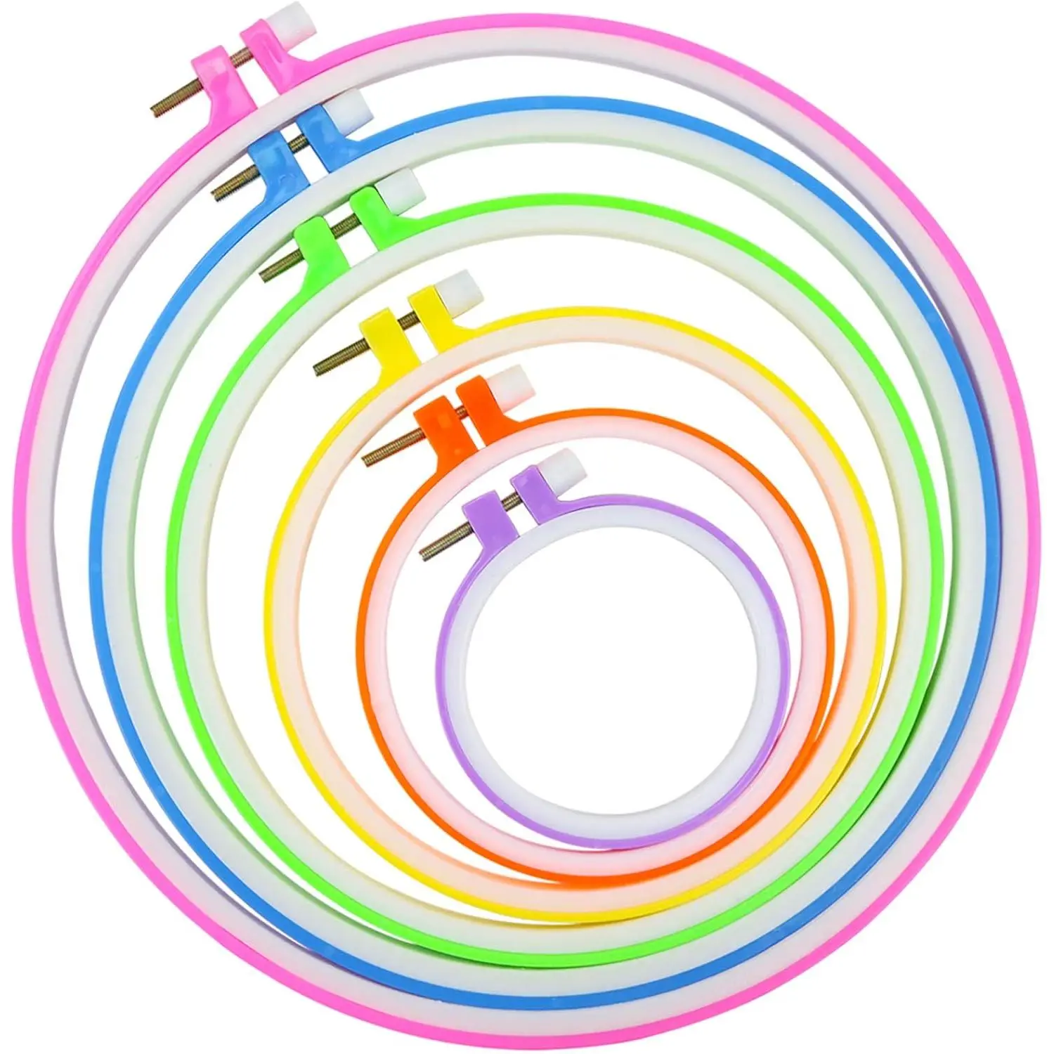 Synthetic Embroidery Hoops (5 Count) - Plastic Adjustable Screw Rings, 3.4in to 10.2in Multicolor Beginner Sewing Tools for Embroidery Projects