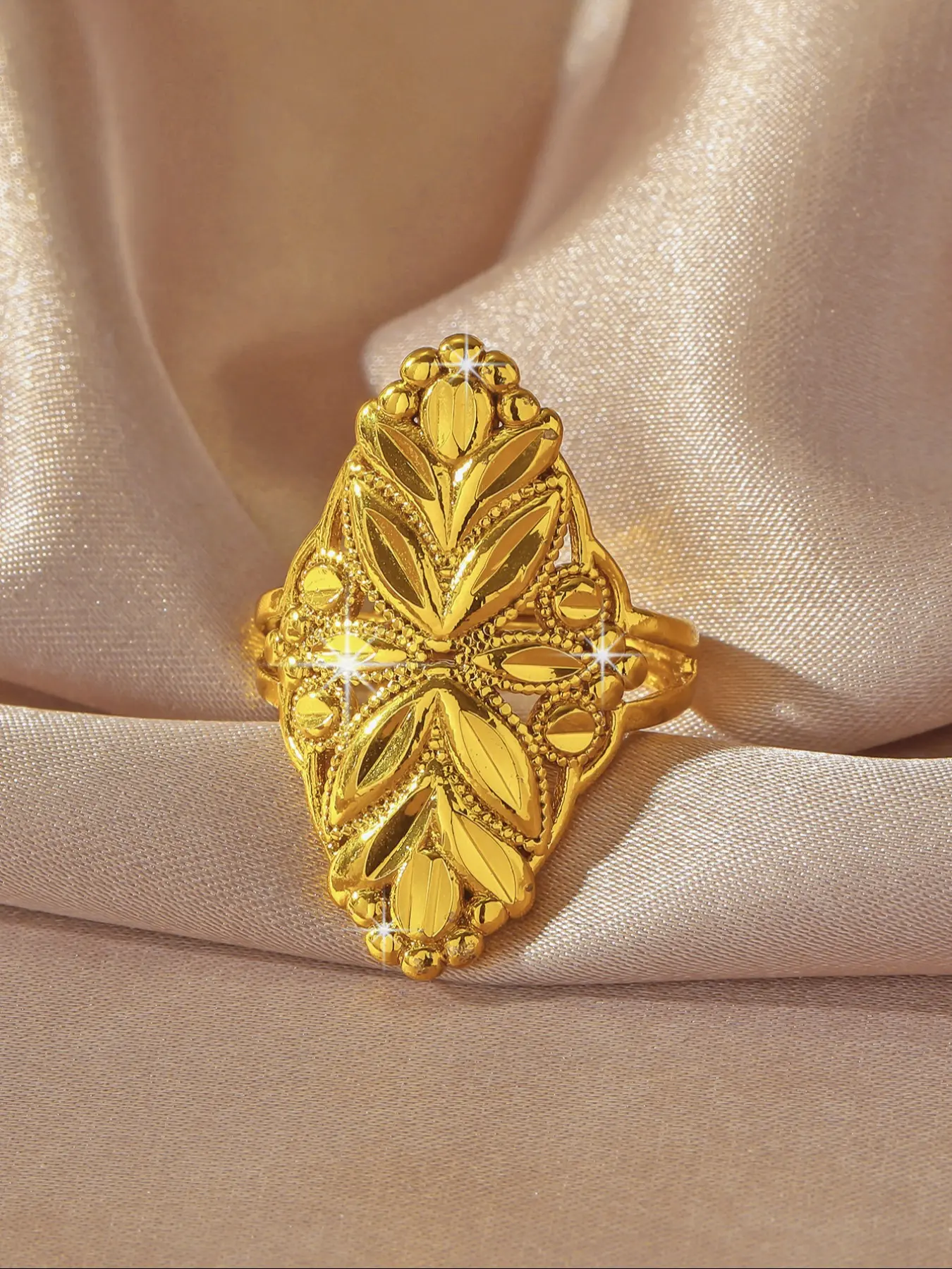 Fashion Geometric Flower Ring, Dubai Arabic Middle East Style Jewelry, Adjustable Size Copper Plated 24k Women's Long Ring Gift, Fashion Unique Beautiful Rings