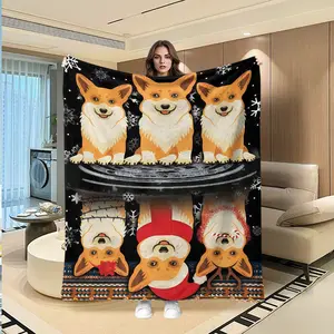 Christmas Corgi Plush Blanket, Soft Comfortable Printed Throw, Office Nap Air Conditioning Blanket, Sofa Car Hotel Camping Multi-Purpose